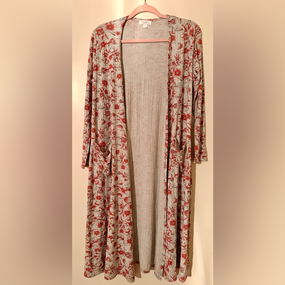 LuLaRoe Floral Patterned Cardigan with Red Floral Accents and Pockets